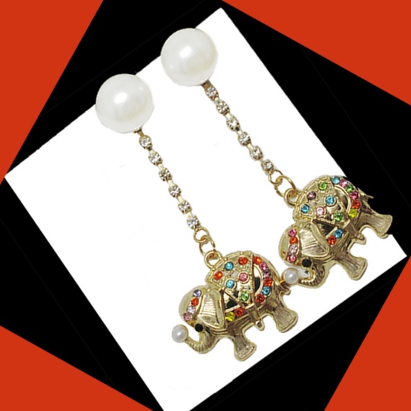 Betsey Johnson Faux Pearl Multicolor Crystal Chain Dangling Elephant Earrings - Picture 4 of 7